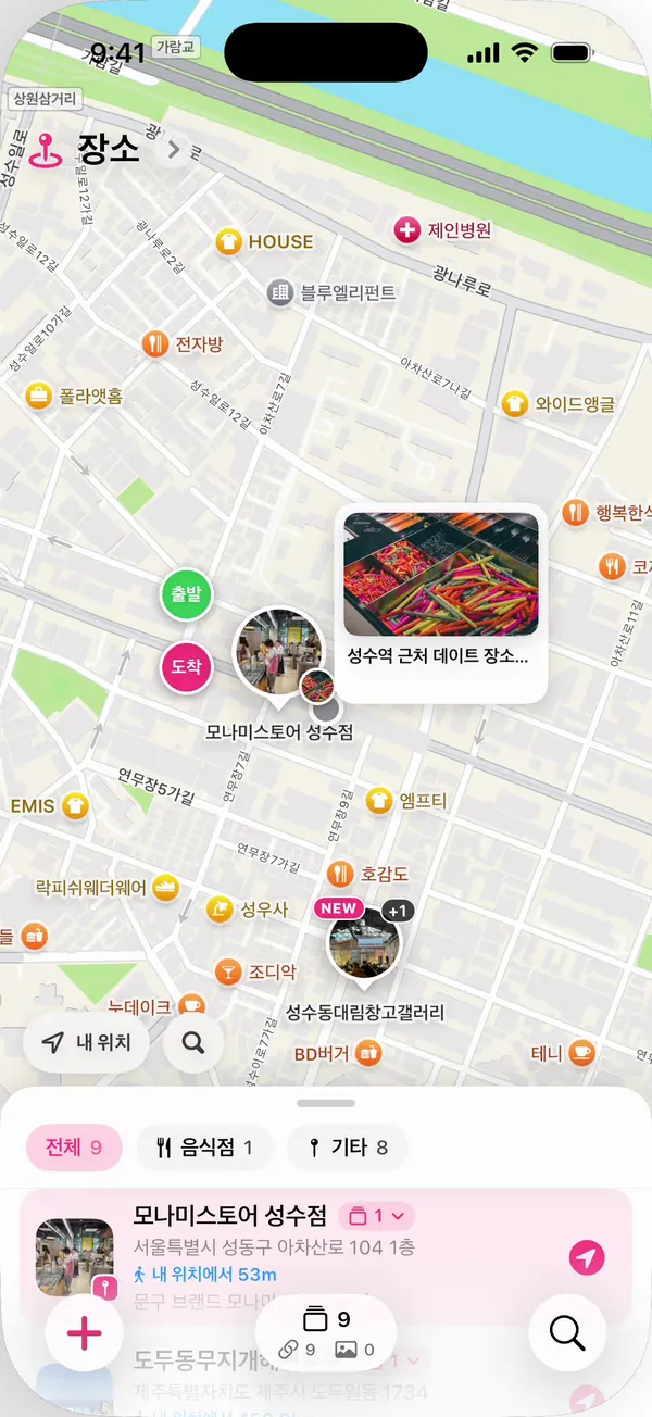 저장한 장소가 핀으로 표시된 지도 화면